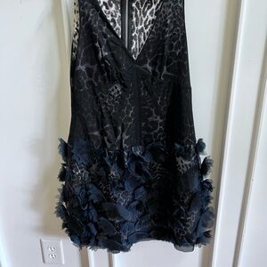 Black , Tan and Gray Animal Print Dress with Tulle Overlay and Flower Ruffle Hem